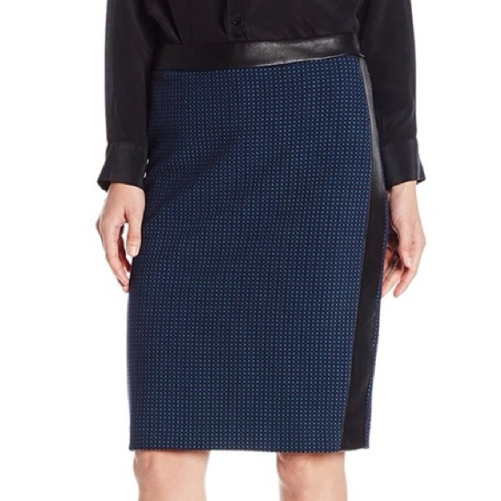 Nanette Lepore Feel A Hunch Jacquard Leather Trim Pencil Skirt Plaid Chic Size 6